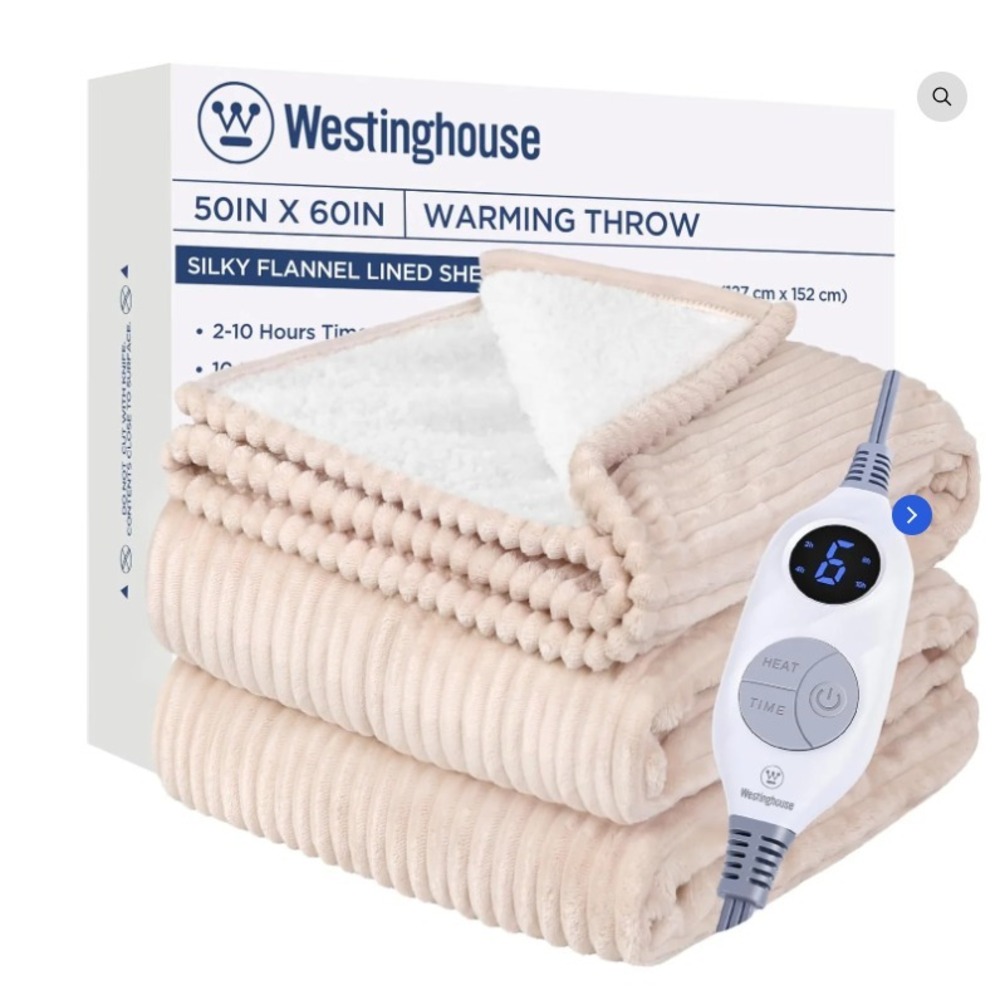 Westinghouse Heated Silky Flannel Lined W/Sherpa  50x60 Warming‎ Throw Ivory NEW